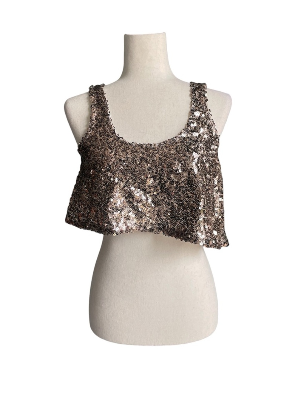 Rock & Republic Custom Sequin Cropped Tank Top Asymmetrical Bronze Gold Sequin S